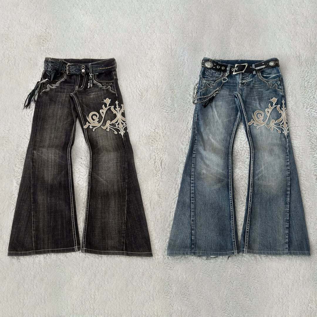 Embroidered Punk Flared Jeans - Dark Gothic Slim Fit Long Pants for Women