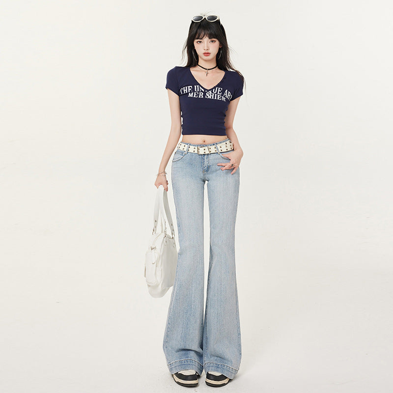 Women's Black and Gray Flared Jeans  Slimming Retro Low Waist  Pants