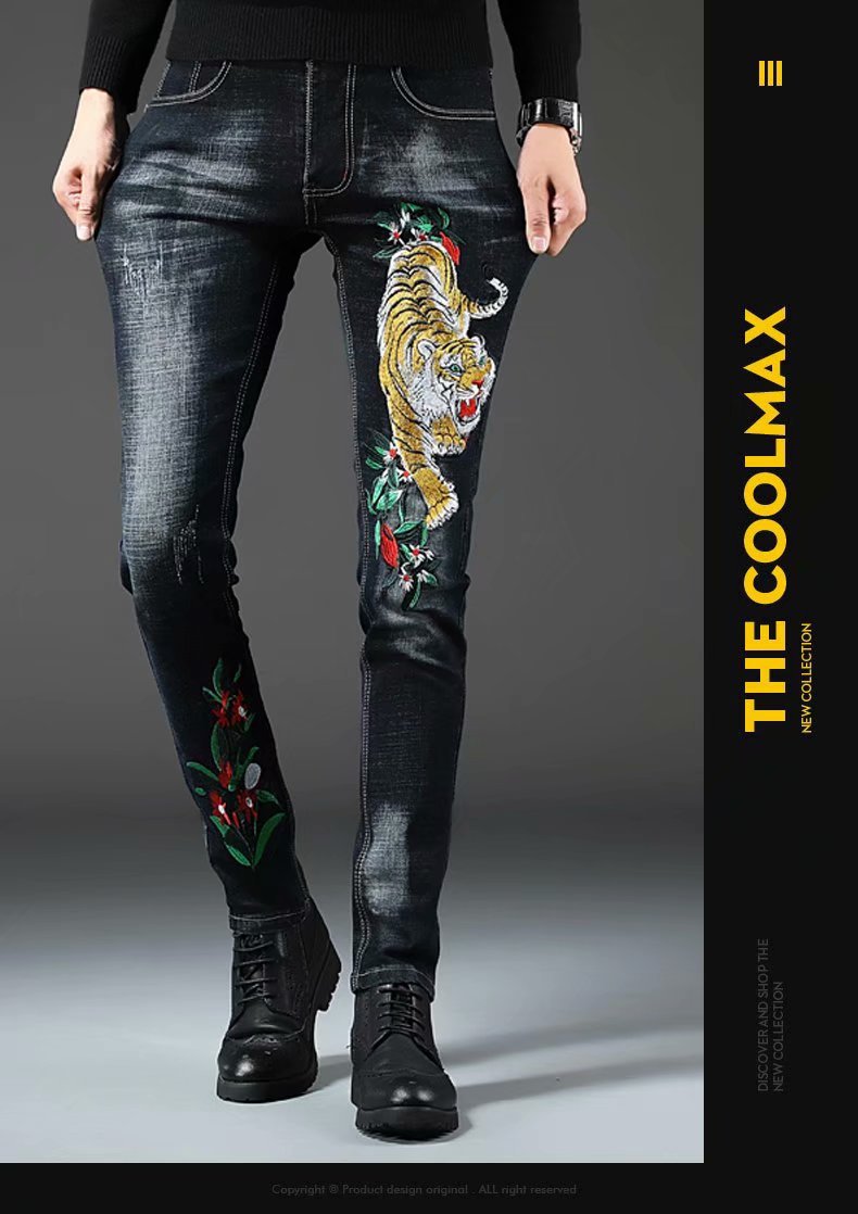 Jeans men's stretch slim feet pants hole embroidery net red the same men's pants animal tiger snake pattern embroidered jeans