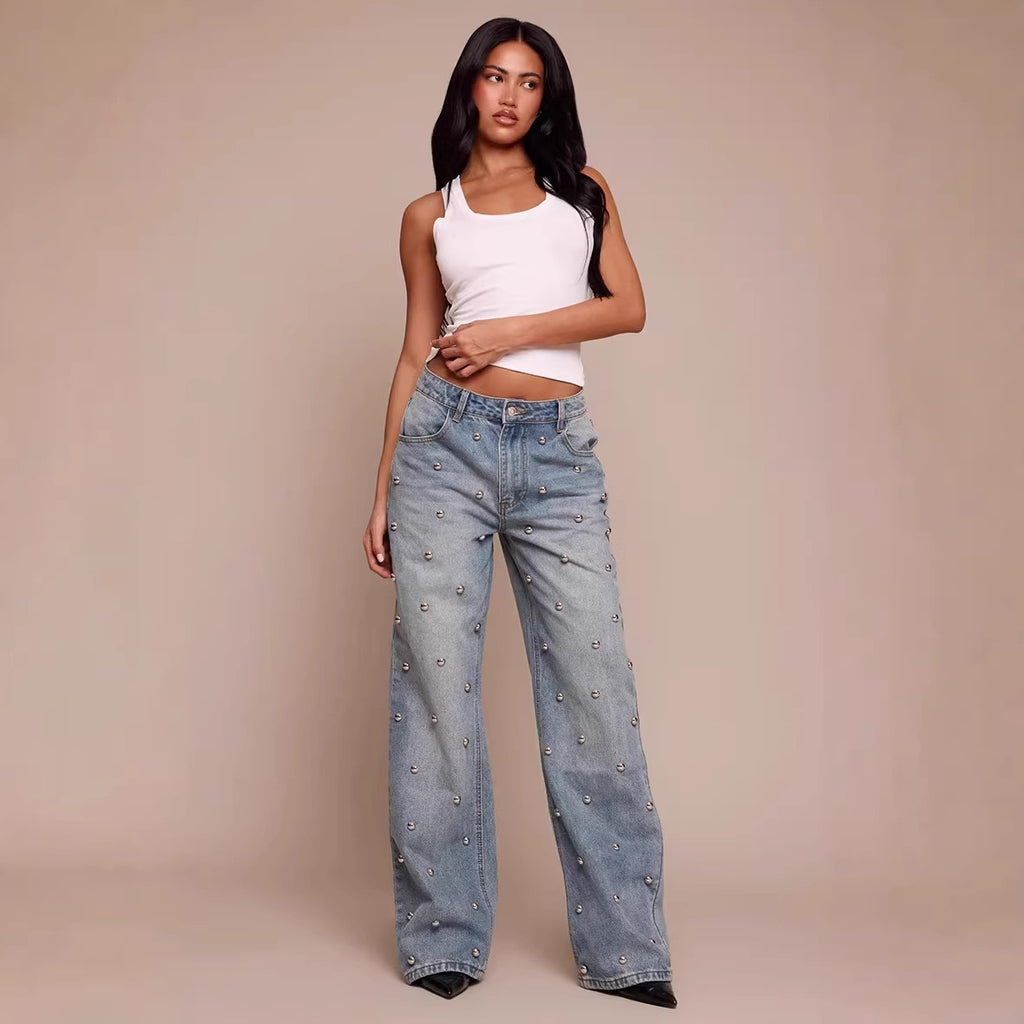 Women's nail bead washed jeans, women's high waisted straight leg pants, spicy girl pants