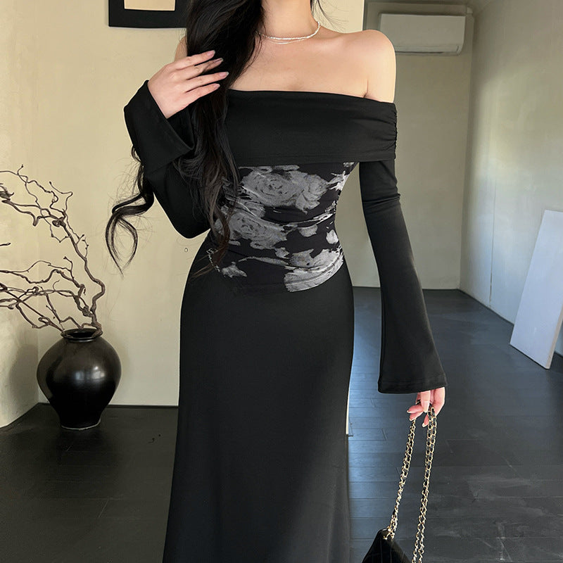 One shoulder fake two casual clear dresses long skirt