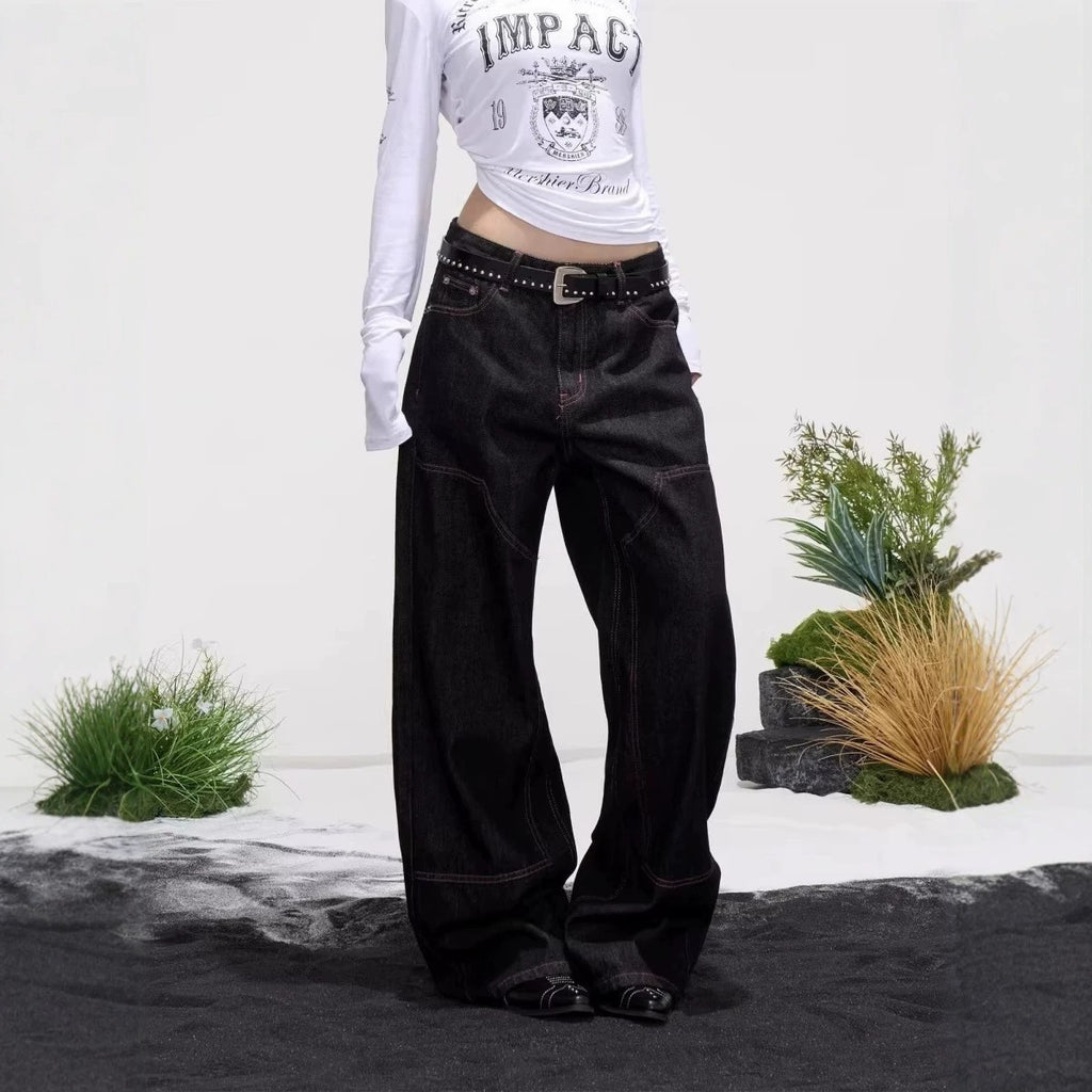 Loose Jeans Unisex High Street Washed Knife-Edge Wide Leg Pants