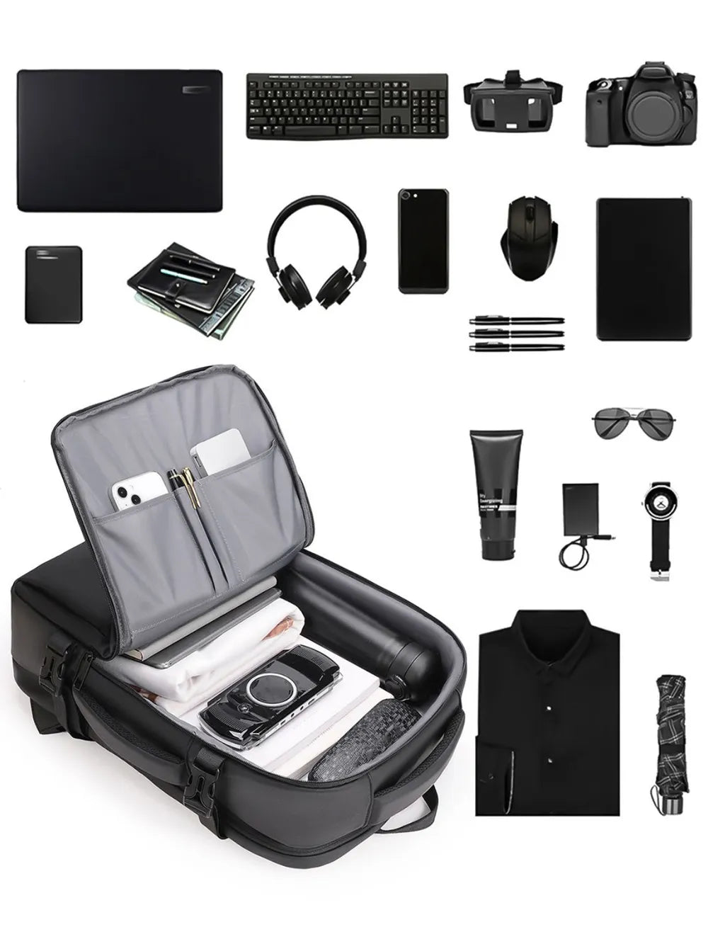 Multi-Pocket Leather Backpack — Adjustable Straps Business Casual Bag in Black & Dark Gray