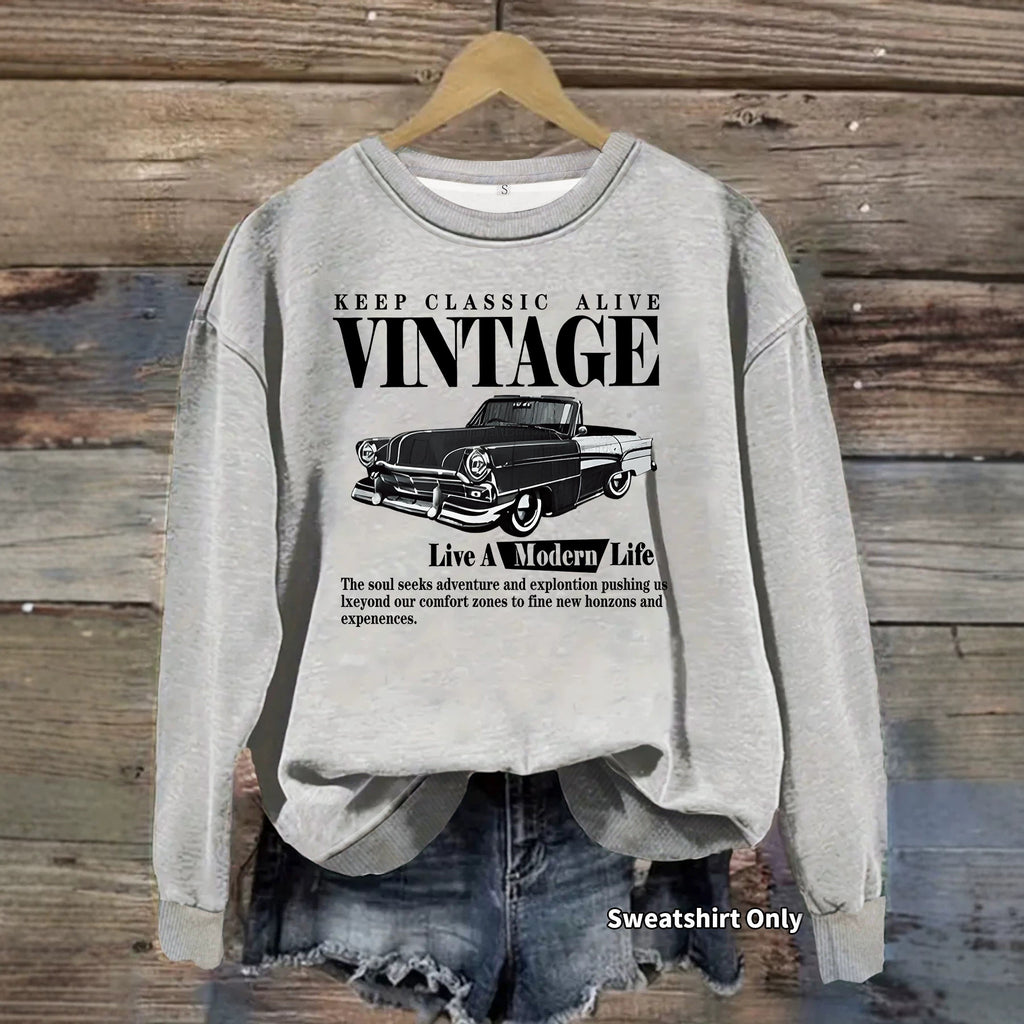 Car printed round neck fleece hoodie