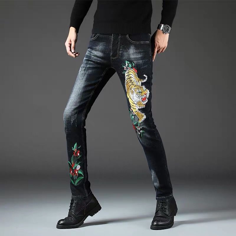 Jeans men's stretch slim feet pants hole embroidery net red the same men's pants animal tiger snake pattern embroidered jeans