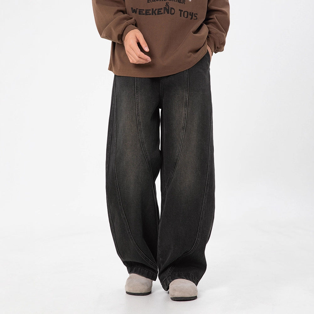 Washed denim jeans for men loose straight leg pants