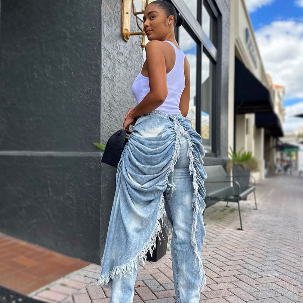 High-Waist Jeans for Women, Fashionable and Unique Pleated Brushed Edge Straight Leg Pants