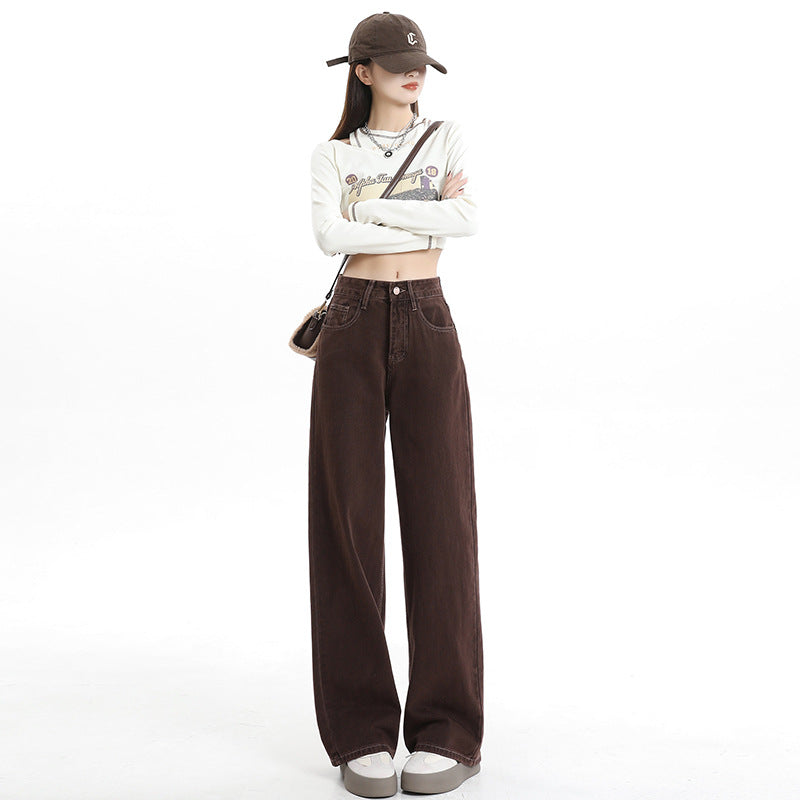 Women's Wide-Leg Jeans Dark Brown Loose Casual Pants
