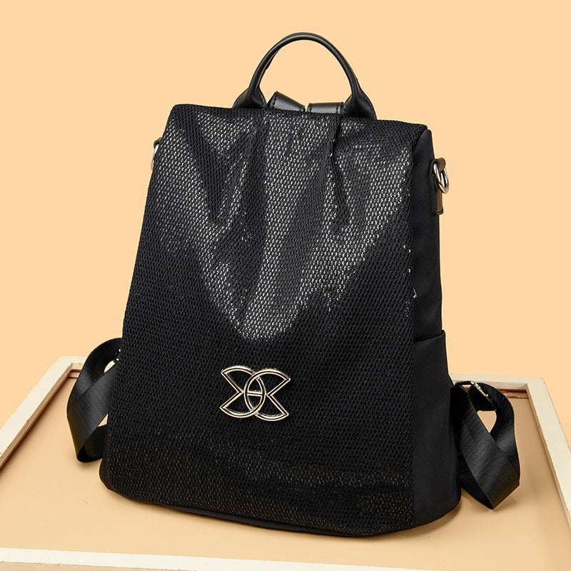 Women's Fashion Nylon Backpack — Contrast Detail Travel & Everyday Bag in Brown, Black & Sequin