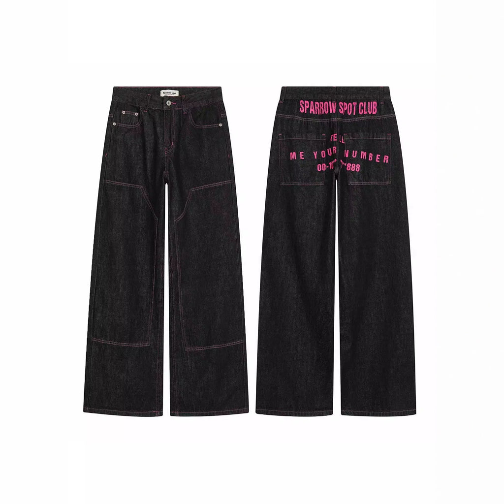 Loose Jeans Unisex High Street Washed Knife-Edge Wide Leg Pants