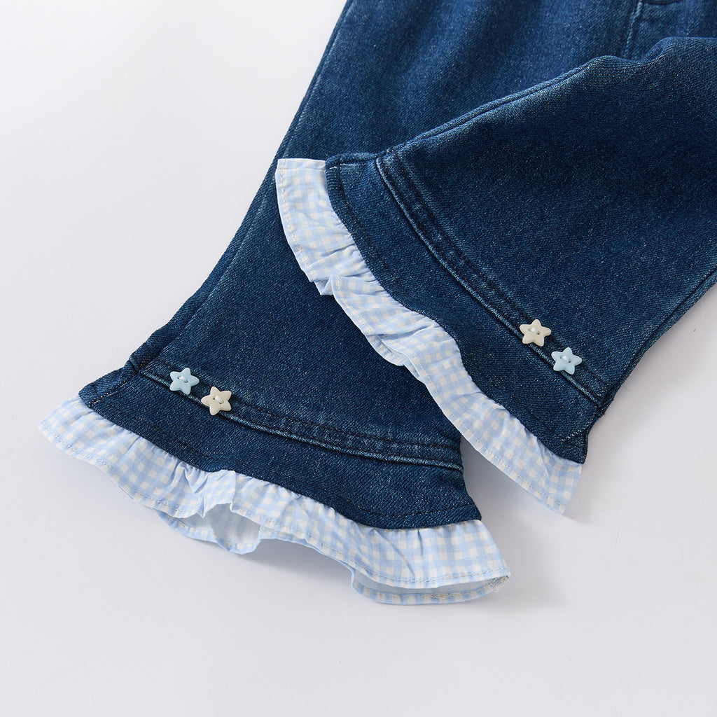 Cuffed Checkered Patchwork Flared Pants for Toddlers Jeans for Baby Girls, Spring Outfit
