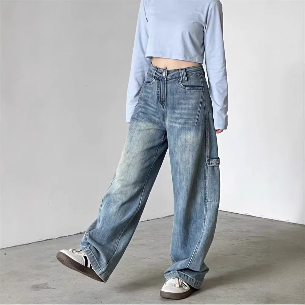 Wide-Leg Jeans Women High-Waisted Design Loose Straight Tube Knife-Edge Pants