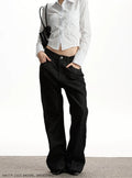 Embroidered Raw Denim Flared Jeans Women Cleanfit Preppy Style Long Pants Black