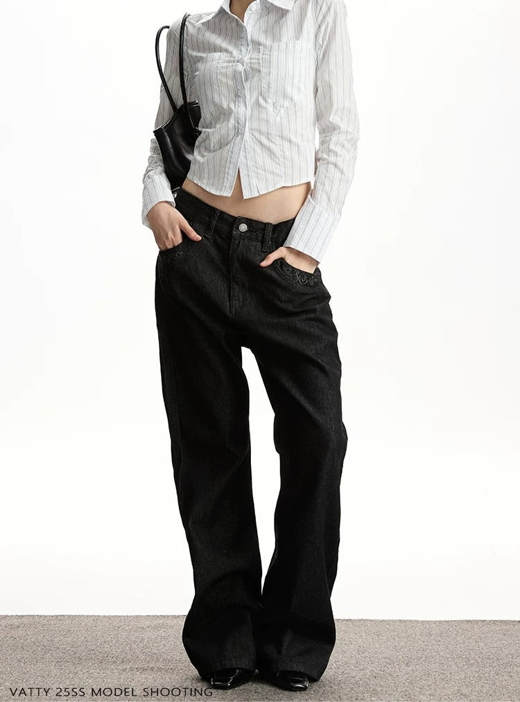 Embroidered Raw Denim Flared Jeans Women Cleanfit Preppy Style Long Pants Black