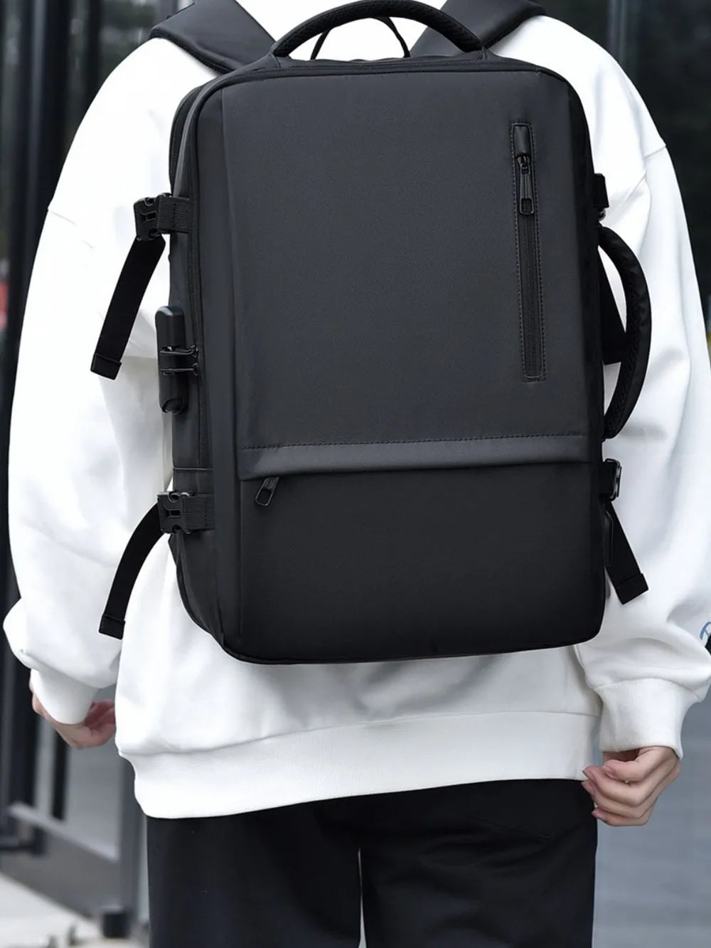 Multi-Pocket Leather Backpack — Adjustable Straps Business Casual Bag in Black & Dark Gray