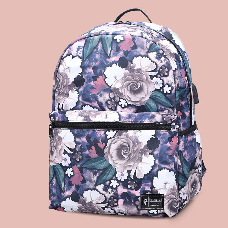 Peony Print 2-Piece Backpack Set — Large Capacity Oxford Cloth School Bag with USB Port in Purple