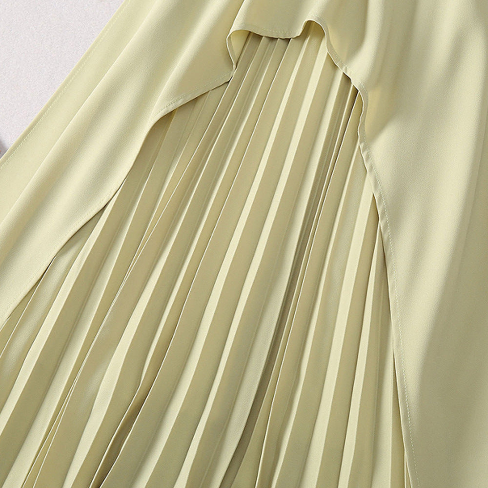 Round neck sleeveless waist cinched ruffle hem pleated apple green dress for women