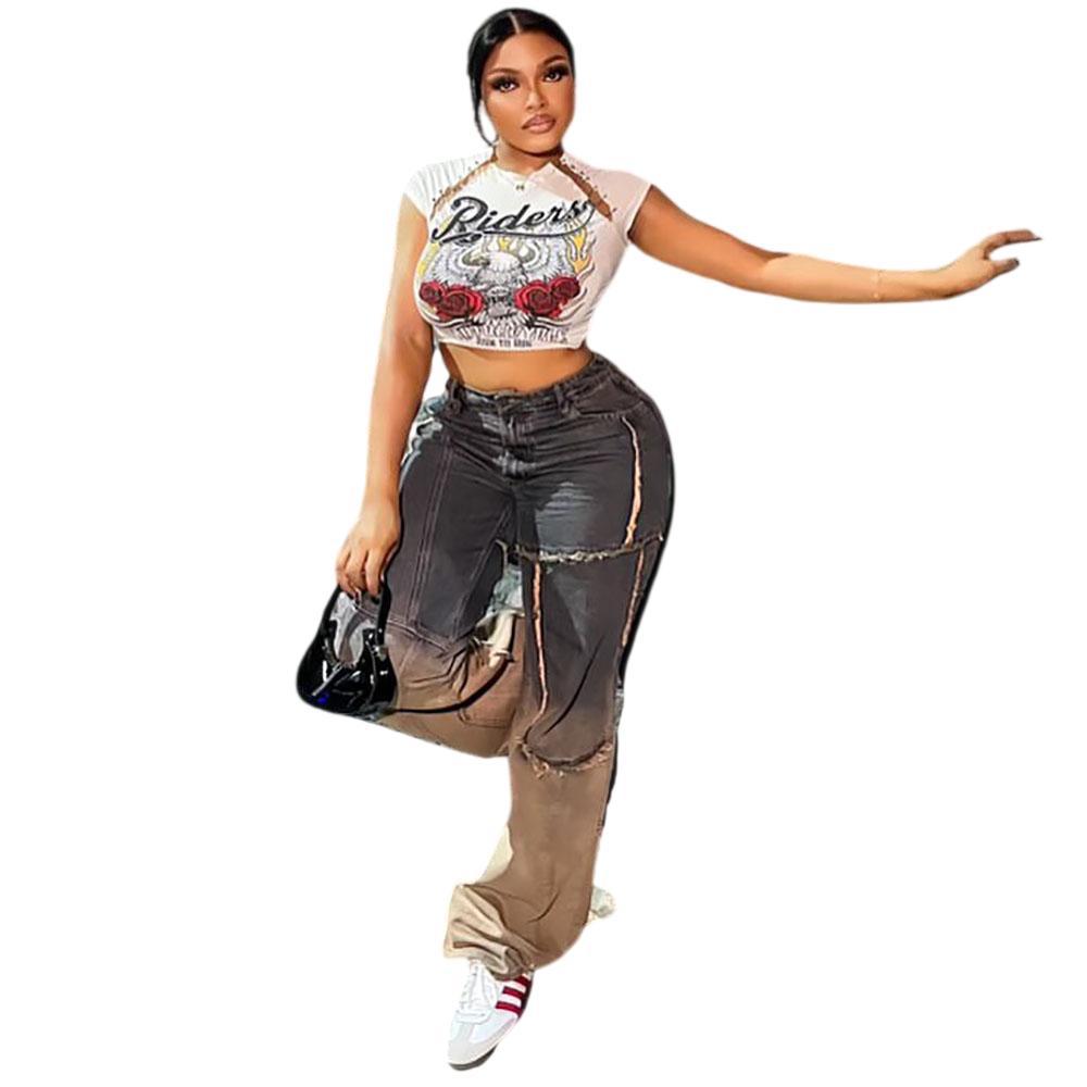 Women's Gradient Color Jeans Street Fashion Fleece-Backed Panelled Patchwork Casual Pants