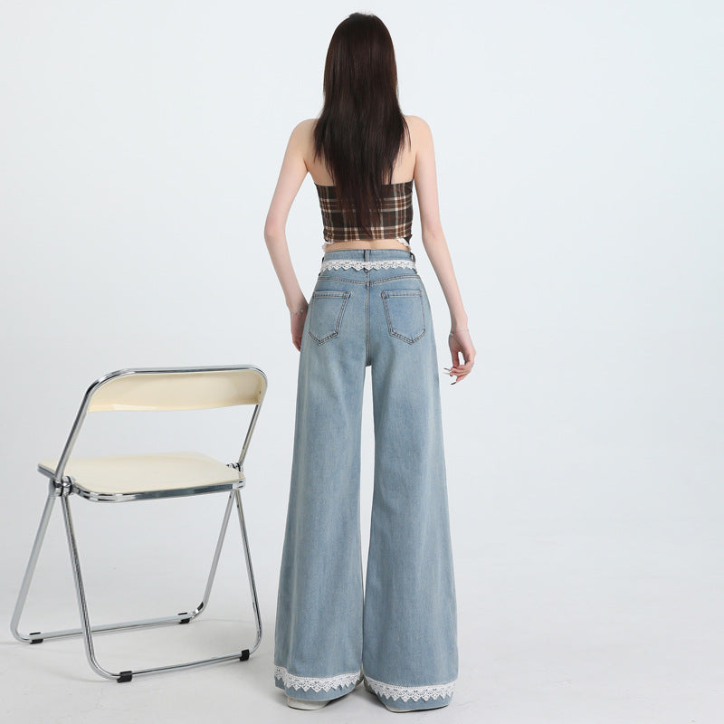 Lace Trim Wide Leg Jeans Women Slimming Flared Pants