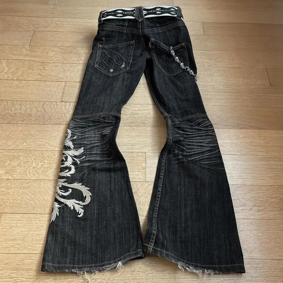 Embroidered Punk Flared Jeans - Dark Gothic Slim Fit Long Pants for Women