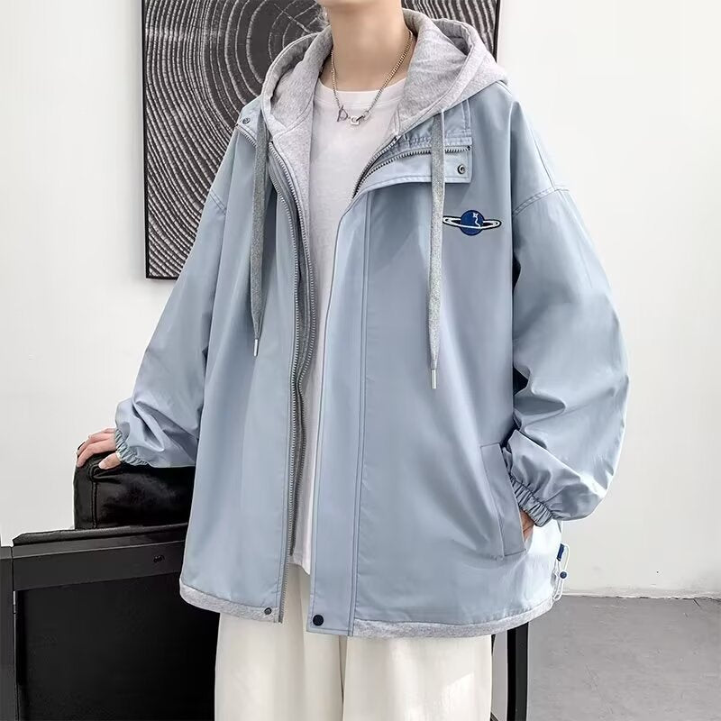 Men's Techwear Windbreaker Jacket – Two-Piece Look, Hooded, Water-Resistant