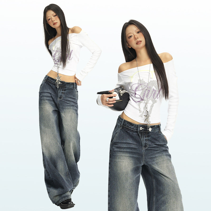Women's Washed Straight Jeans  Loose Floor-Length Wide-Leg Pants