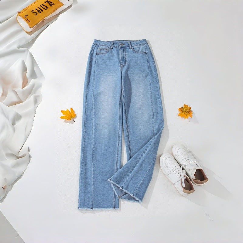 Women's jeans mid waist blue curved knife pants with fringed denim pants