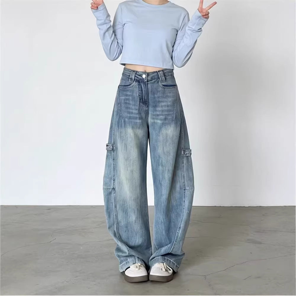 Wide-Leg Jeans Women High-Waisted Design Loose Straight Tube Knife-Edge Pants