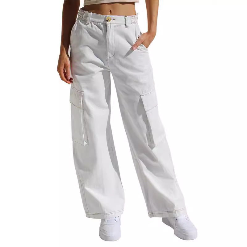Loose wide leg straight leg multi pocket work pants jeans