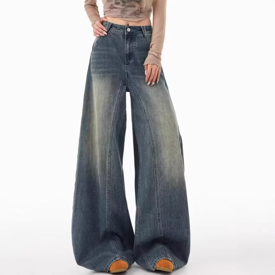 Blue Knife-Edge Jeans Women Pants Wide Leg Floor-Length Trousers