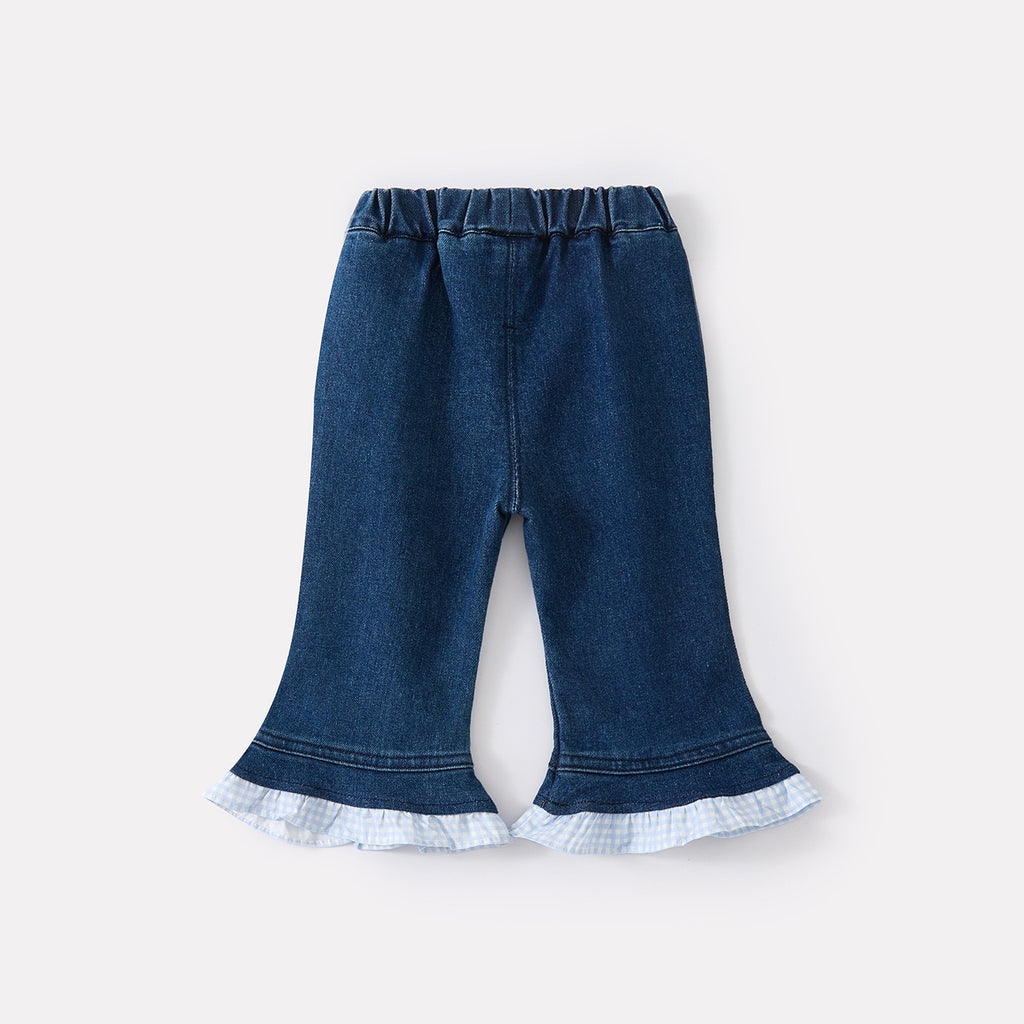 Cuffed Checkered Patchwork Flared Pants for Toddlers Jeans for Baby Girls, Spring Outfit