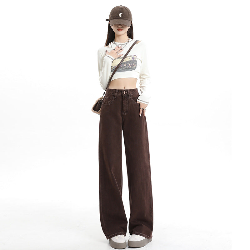 Women's Wide-Leg Jeans Dark Brown Loose Casual Pants