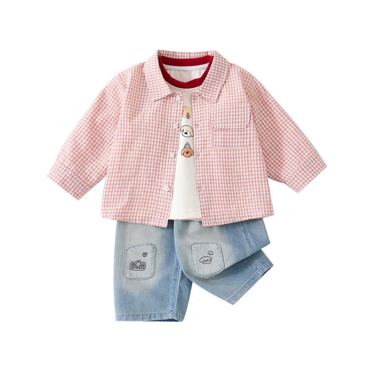 Boy Plaid Shirt Set Button-Down Shirt Jeans Pants 3-Piece Set