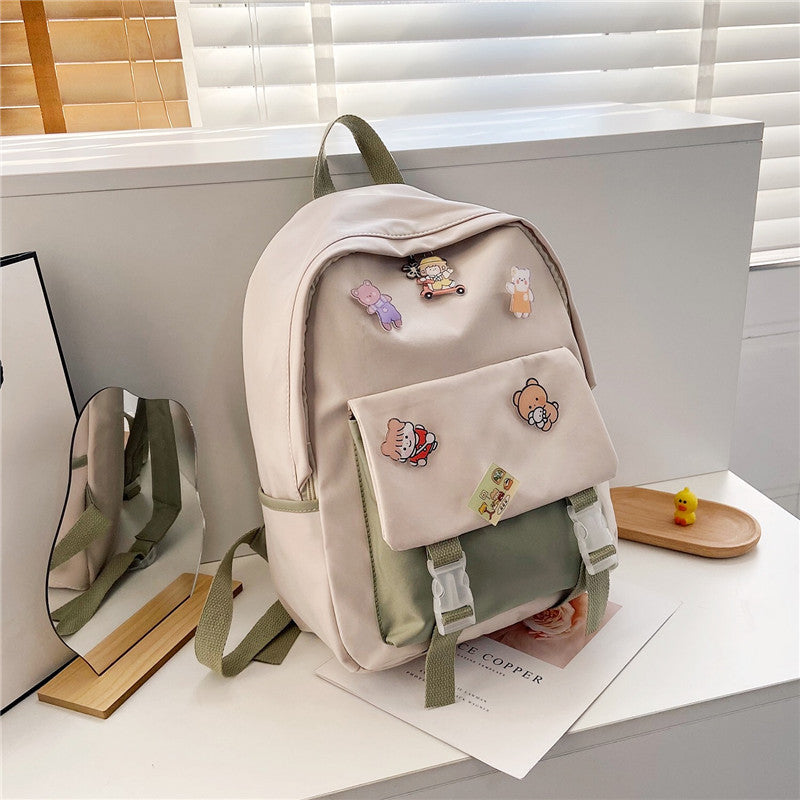 Korean Ulzzang Nylon Backpack — INS Style School Bag with Brooch Pendant for Teen & High School Girls