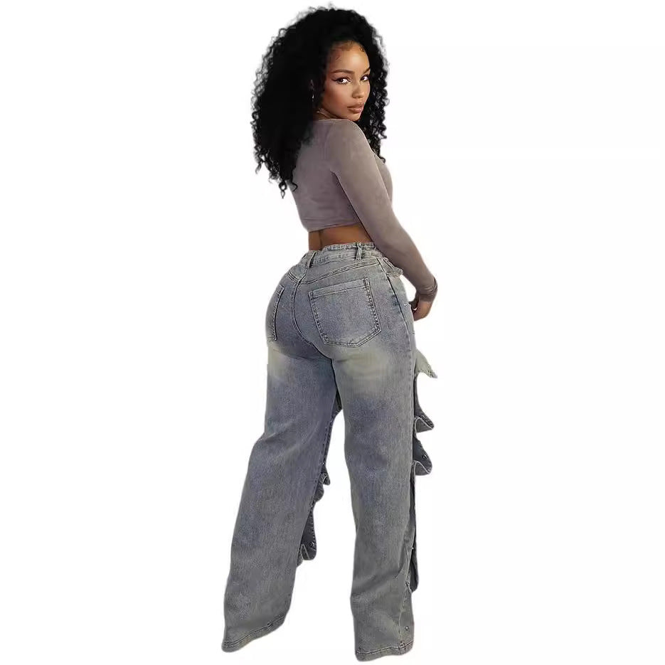 Women's Straight Leg Jeans High Waist Detachable Button Street Fashion Casual Pants