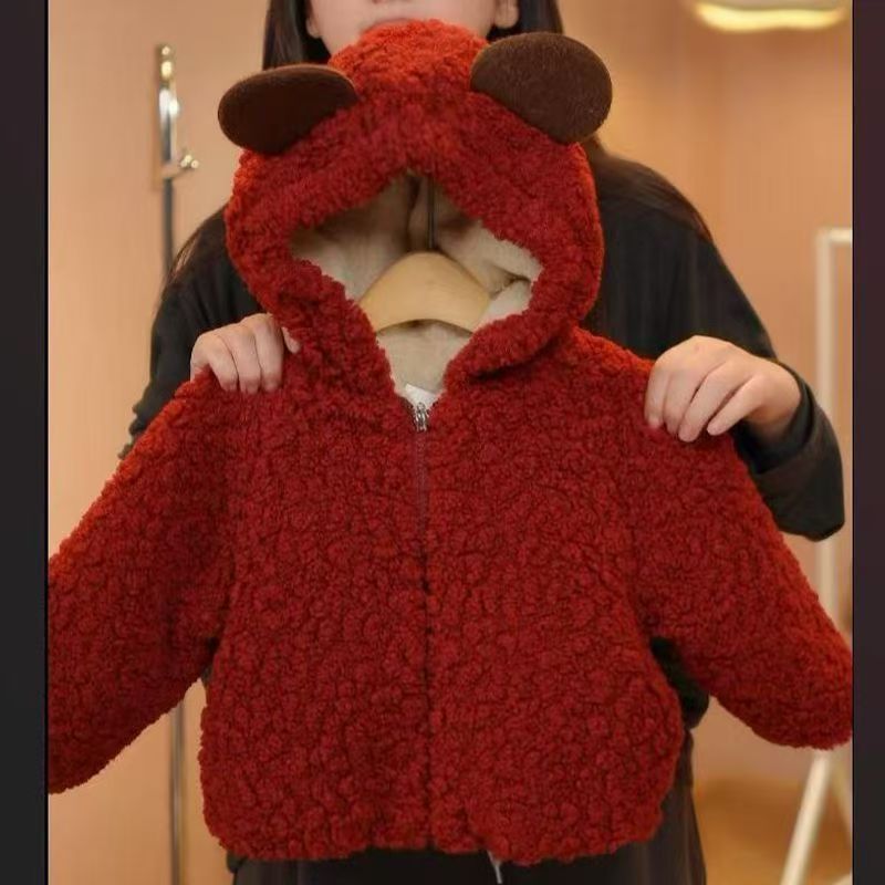 Girls' Cute Bear Print Thickened Fleece Lined Winter Jacket