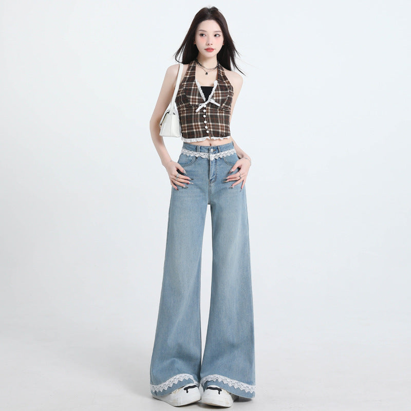 Lace Trim Wide Leg Jeans Women Slimming Flared Pants