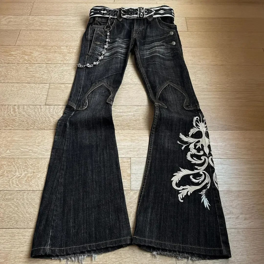 Embroidered Punk Flared Jeans - Dark Gothic Slim Fit Long Pants for Women