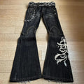 Embroidered Punk Flared Jeans - Dark Gothic Slim Fit Long Pants for Women