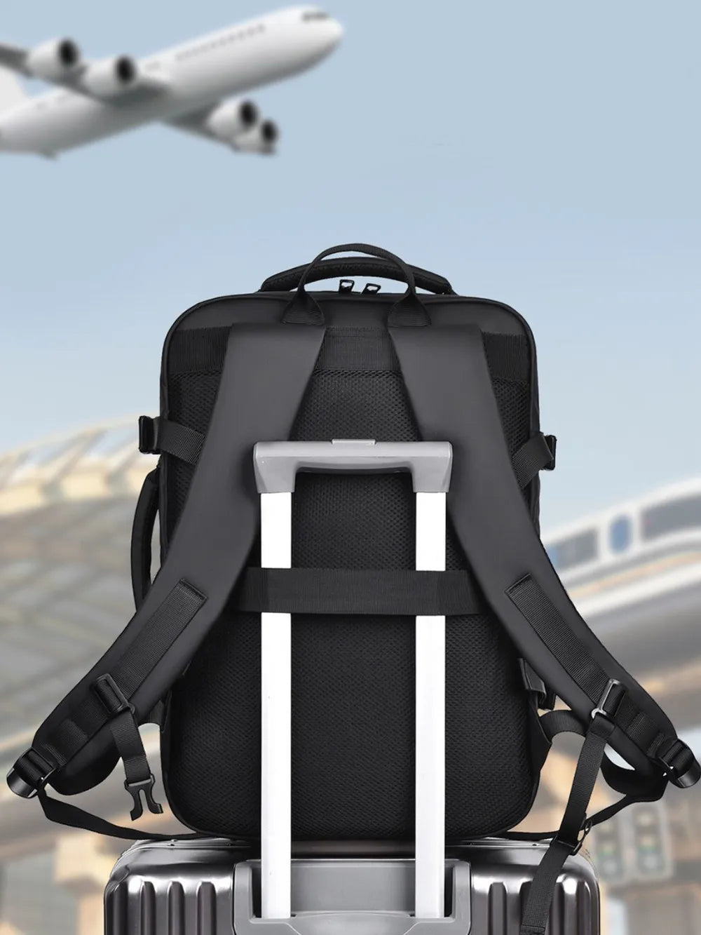 Multi-Pocket Leather Backpack — Adjustable Straps Business Casual Bag in Black & Dark Gray