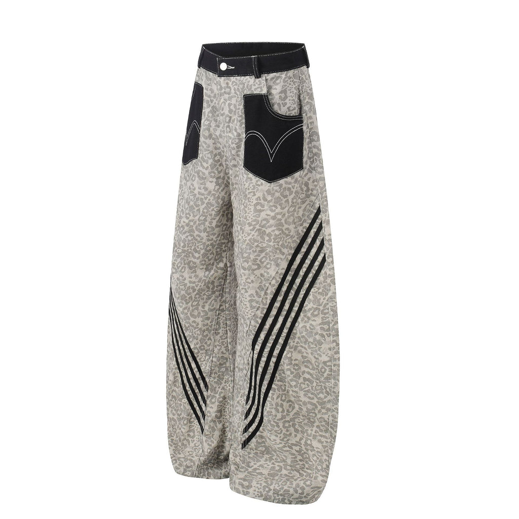 Leopard Print Patchwork Casual Pants Men Women Loose Wide Leg Knife Cut Jeans