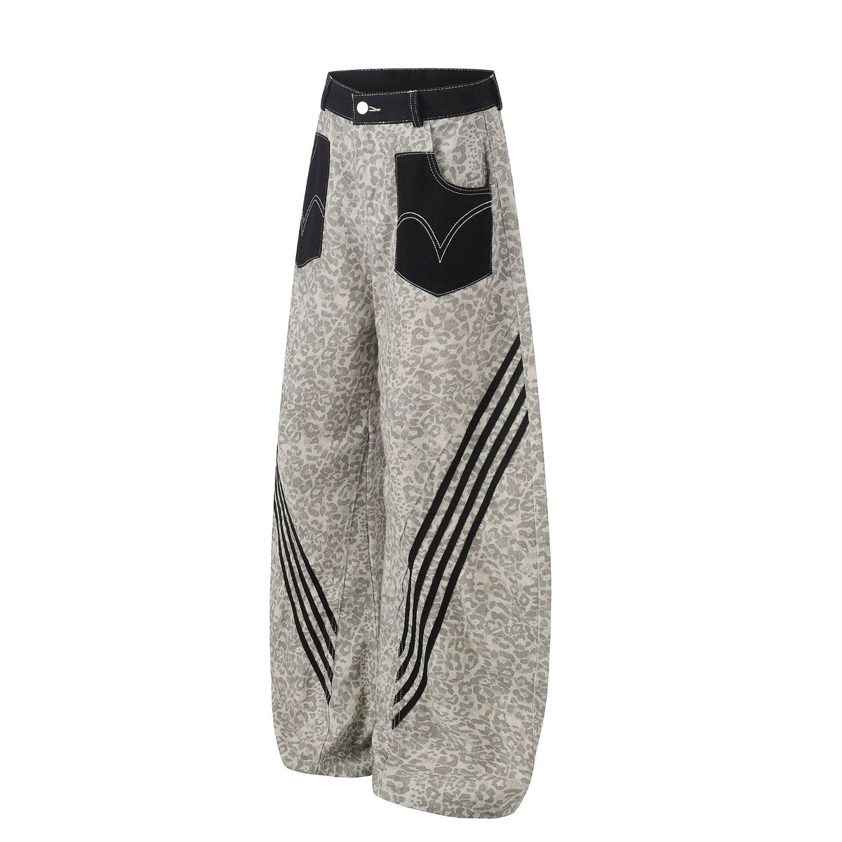 Leopard Print Patchwork Casual Pants Men Women Loose Wide Leg Knife Cut Jeans