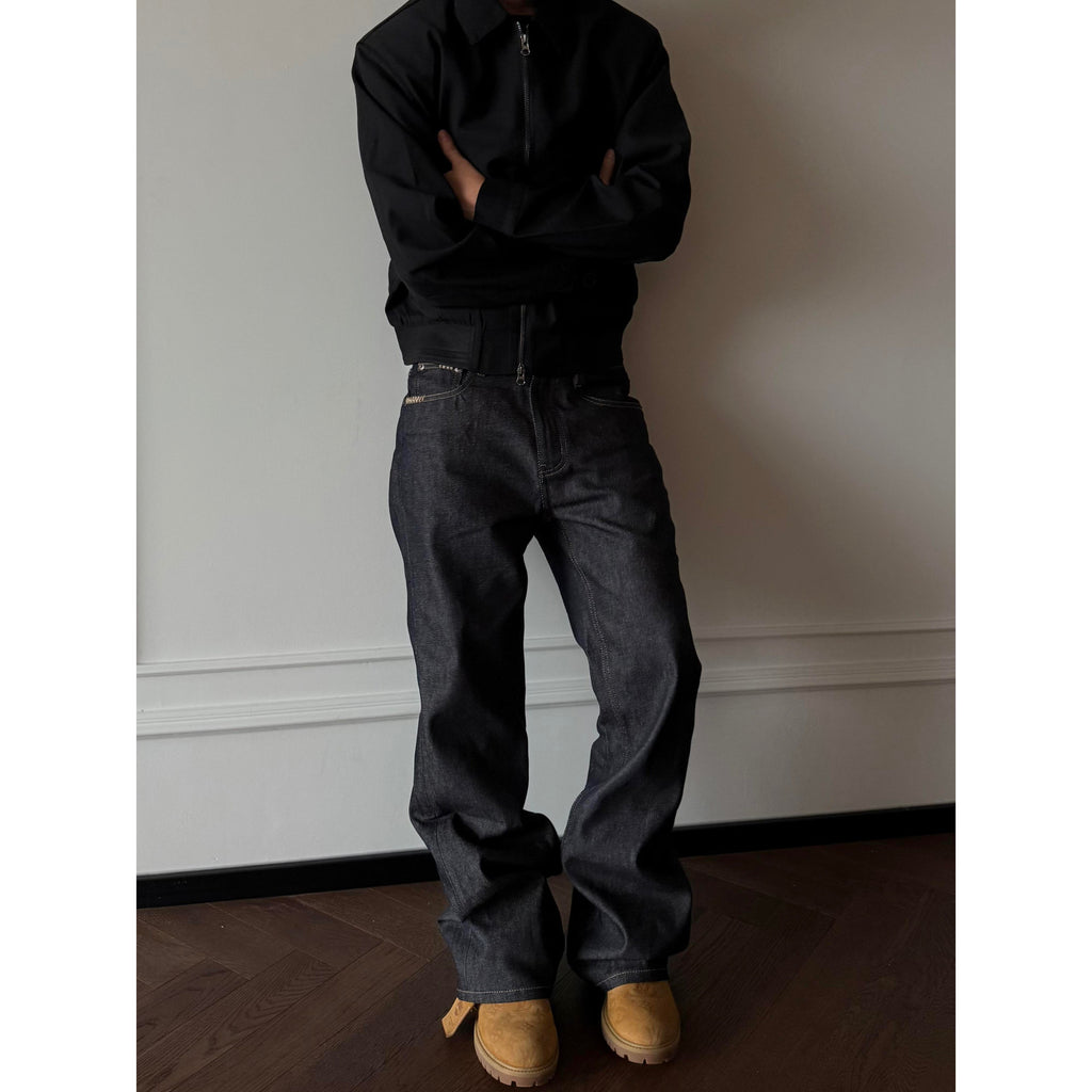 Washed Loose Straight Leg Jeans Men Clean Fit Hand Stitched Versatile Long Pants