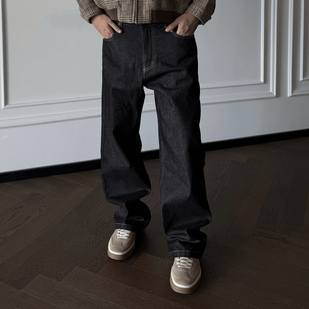 Washed Loose Straight Leg Jeans Men Clean Fit Hand Stitched Versatile Long Pants