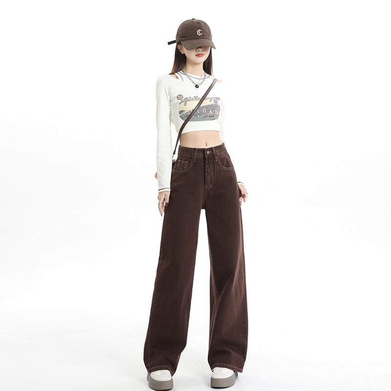 Women's Wide-Leg Jeans Dark Brown Loose Casual Pants