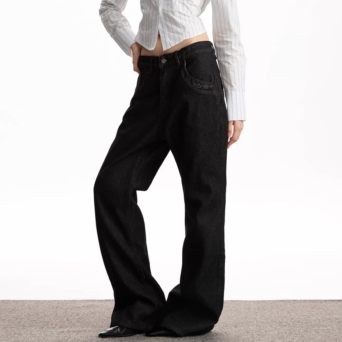 Embroidered Raw Denim Flared Jeans Women Cleanfit Preppy Style Long Pants Black