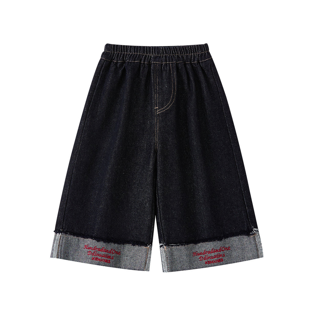 Simple Casual Cuffed Pants, Wide-leg Jeans for Toddlers with Letter Detail at Hem