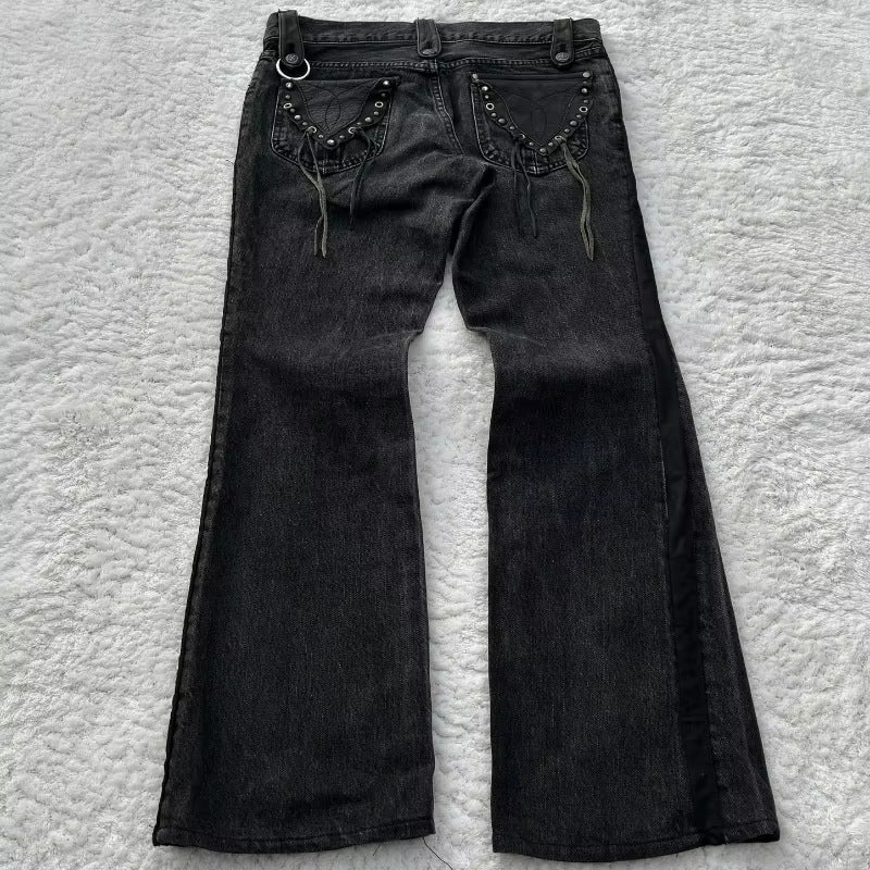 Y2K Dark Style Cross Print Washed Flared Jeans Retro Punk Streetwear Long Pants Ins