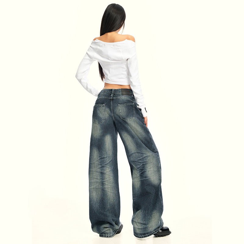 Women's Washed Straight Jeans  Loose Floor-Length Wide-Leg Pants