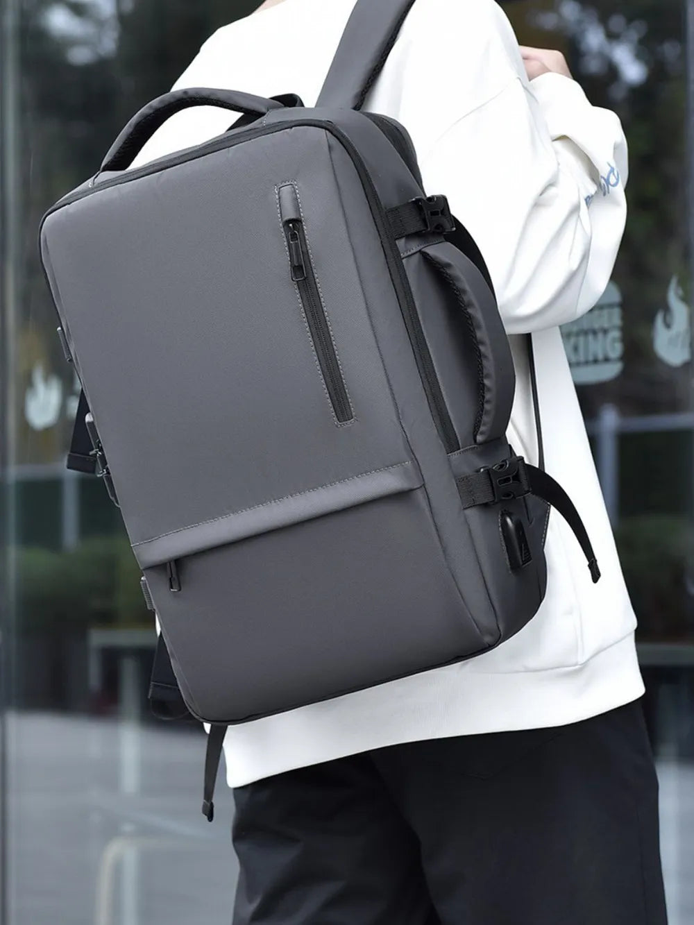 Multi-Pocket Leather Backpack — Adjustable Straps Business Casual Bag in Black & Dark Gray